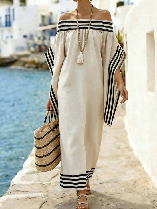 Dresses & Skirts - Beige Boho Women's Off-Shoulder Loose Casual Vacation Dress